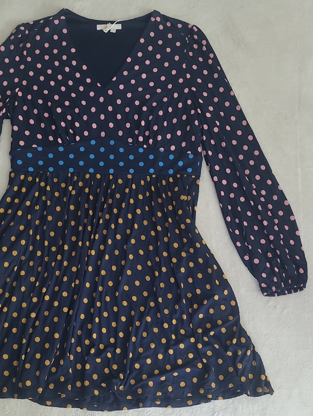 Boden Dress Female US 12 Navy Polka Dot Long Sleeve Empire Midi NWT Cottagecore - Picture 5 of 14